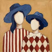 Palette-knife oil of a front-facing cowboy in a navy hat and a deep-red gingham-check shirt with a maroon neckerchief, on a mustard ground.