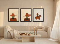 Western Family Triptych — 3 Original Oils, Rust & Olive — original hand-painted oil shown on the wall in a styled room