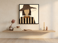 Lady in a Floppy Hat Wall Art — Original Palette-Knife Oil, Brown & Cream — original hand-painted oil shown on the wall in a styled room