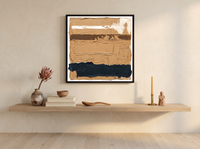Horizontal Bands Abstract Wall Art — Original Palette-Knife Oil, Ochre & Navy — original hand-painted oil shown on the wall in a styled room