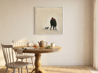 Couple Walking Away Wall Art — Original Palette-Knife Oil, Olive & Oxblood — original hand-painted oil shown on the wall in a styled room