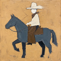 Original oil painting of a faceless rider in a pale cream hat on a slate blue-grey horse, on a golden ochre ground