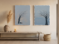 Mirrored Bare Trees — Set of 2 Original Oils, Charcoal on Slate — original hand-painted oil shown on the wall in a styled room