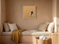 Cyclist Wall Art — Original Palette-Knife Oil, Navy & Ochre — original hand-painted oil shown on the wall in a styled room