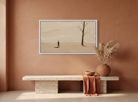 Lone Walker & Bare Tree Wide Wall Art — Original Palette-Knife Oil, Chocolate & Cream — original hand-painted oil shown on the wall in a styled room