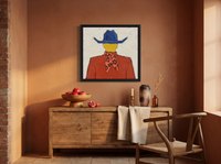 Cowboy from Behind Wall Art — Original Palette-Knife Oil, Cobalt & Rust — original hand-painted oil shown on the wall in a styled room