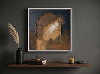 Arched Niche Abstract Wall Art — Original Palette-Knife Oil, Navy & Ochre — original hand-painted oil shown on the wall in a styled room
