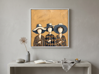 Three Women in Hats Wall Art — Original Palette-Knife Oil, Ochre & Navy — original hand-painted oil shown on the wall in a styled room