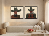 Cowboy, Front and Back — Set of 2 Original Oils, Olive & Oxblood — original hand-painted oil shown on the wall in a styled room
