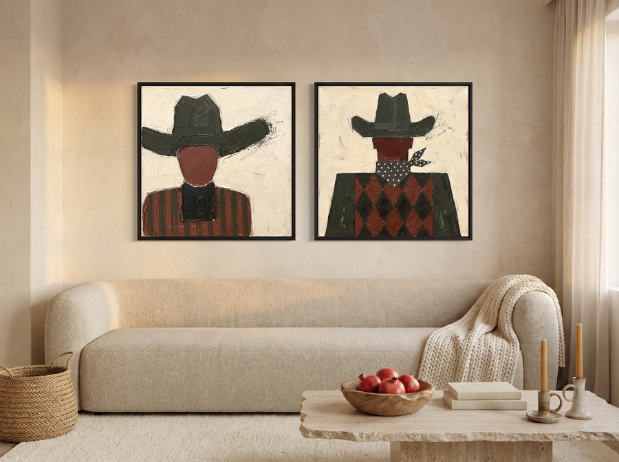 Cowboy, Front and Back — Set of 2 Original Oils, Olive & Oxblood