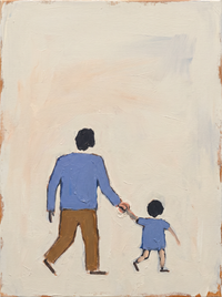 Oil painting seen from behind of a father in a periwinkle jumper and caramel trousers walking hand in hand with a small child in periwinkle, on a pale oat ground.