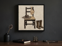 Cowboy Chair Still Life Wall Art — Original Palette-Knife Oil, Brown & Cream — original hand-painted oil shown on the wall in a styled room