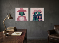 Bouquet Woman & Two Sisters — Set of 2 Original Oils, Pink & Emerald — original hand-painted oil shown on the wall in a styled room