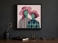 Two Ladies in Pink Hats Wall Art — Original Palette-Knife Oil, Rose & Emerald — original hand-painted oil shown on the wall in a styled room