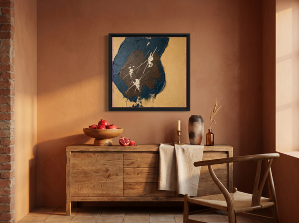 Dark Monolith Abstract Wall Art — Original Palette-Knife Oil, Navy & Ochre