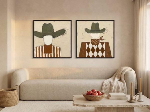 Cowboy, Front and Back — Set of 2 Original Oils, Olive & Sienna
