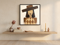 Woman in a Wide Hat Wall Art — Original Palette-Knife Oil, Chocolate & Tan — original hand-painted oil shown on the wall in a styled room