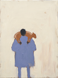 Oil painting seen from behind of a father in a periwinkle jumper and caramel trousers walking hand in hand with a small child in periwinkle, on a pale oat ground.