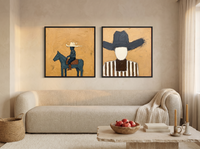 Rider & Cowboy — Set of 2 Original Oils, Golden Ochre & Slate Blue — original hand-painted oil shown on the wall in a styled room