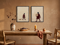 Man with Dog & Woman with Bouquet — Set of 2 Original Oils, Wine & Oat — original hand-painted oil shown on the wall in a styled room