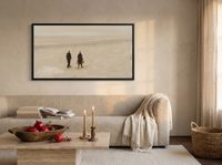 Two Figures on a Beach Wide Wall Art — Original Oil, Warm Tan & Cream — original hand-painted oil shown on the wall in a styled room