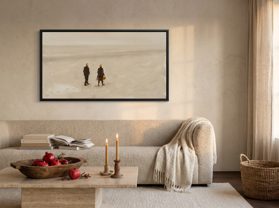 Two Figures on a Beach Wide Wall Art — Original Oil, Warm Tan & Cream