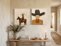 Rider & Cowboy — Set of 2 Original Oils, Chocolate & Rust — original hand-painted oil shown on the wall in a styled room