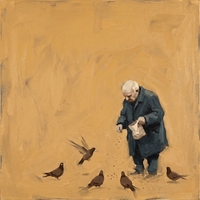 Original oil painting of a stooped old man in a dark teal coat tipping crumbs to six brown pigeons on a golden ochre ground, vast empty space above