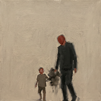 Original oil painting of a man in a near-black olive coat with an oxblood head walking with a small child in olive-taupe, a grey smudge at their joined hands, on a warm greige ground