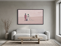 Wedding Couple and Dog Wide Wall Art — Original Palette-Knife Oil, Pink & Emerald — original hand-painted oil shown on the wall in a styled room