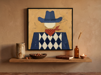 Harlequin Cowboy Wall Art — Original Palette-Knife Oil, Navy & Ochre — original hand-painted oil shown on the wall in a styled room