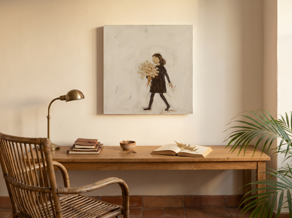 Girl with a Bouquet Wall Art — Original Palette-Knife Oil, Chocolate & Tan