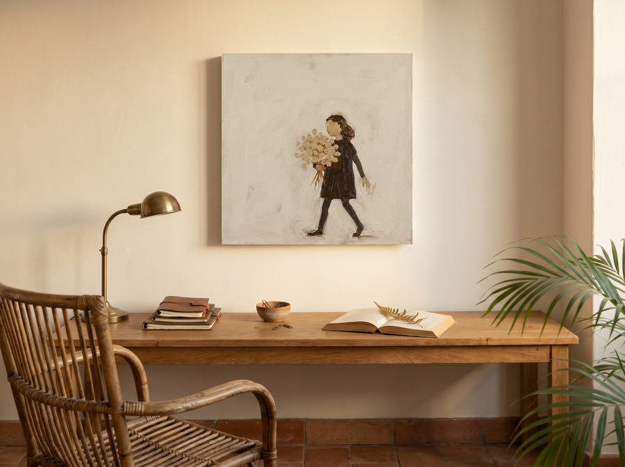 Girl with a Bouquet Wall Art — Original Palette-Knife Oil, Chocolate & Tan