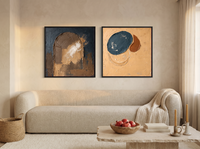 Arch & Organic Forms — Set of 2 Original Oils, Ochre & Navy — original hand-painted oil shown on the wall in a styled room