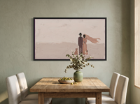 Wedding Couple & Dog Wide Wall Art — Original Palette-Knife Oil, Mauve & Blush — original hand-painted oil shown on the wall in a styled room