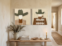 Cowboy, Front and Back — Set of 2 Original Oils, Olive & Sienna — original hand-painted oil shown on the wall in a styled room