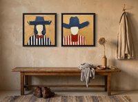 Cowgirl and Cowboy — Set of 2 Original Oils, Navy & Vermilion — original hand-painted oil shown on the wall in a styled room
