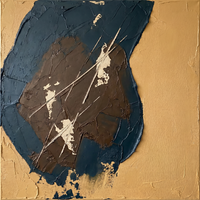 Original textured oil painting of a deep navy-blue organic mass with a warm brown core and thin scraped cream diagonal lines, on a golden-ochre ground, heavy palette-knife impasto.