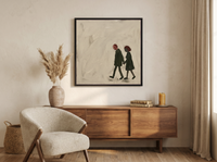 Couple Walking Hand in Hand Wall Art — Original Oil, Charcoal & Oxblood — original hand-painted oil shown on the wall in a styled room