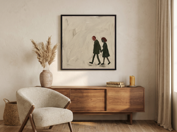 Couple Walking Hand in Hand Wall Art — Original Oil, Charcoal & Oxblood