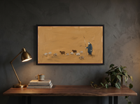 Shepherd and Flock Wide Wall Art — Original Oil Landscape, Golden Ochre & Navy — original hand-painted oil shown on the wall in a styled room