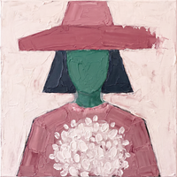 Oil painting of a woman in a wide dusty-rose hat with an emerald-green oval face and navy hair, holding a cluster of white blooms against a rose-pink bodice, on a pale pink ground.