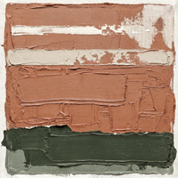 Original textured oil painting of stacked horizontal bands in warm terracotta with a pale scraped streak, over a dark sage-green anchor band, heavy palette-knife plaster impasto.