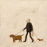 Original oil painting of a man in a dark brown coat walking a stocky rust-brown dog and a tiny dachshund, a cream bag in hand, on a cream ground