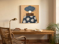 Lady in a Daisy Shirt Wall Art — Original Palette-Knife Oil, Navy & Ochre — original hand-painted oil shown on the wall in a styled room