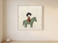 Child on a Pony Wall Art — Original Palette-Knife Oil, Sage & Terracotta — original hand-painted oil shown on the wall in a styled room