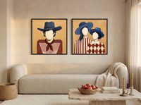 Cowboy & Two Cowgirls — Set of 2 Original Oils, Vermilion & Navy — original hand-painted oil shown on the wall in a styled room