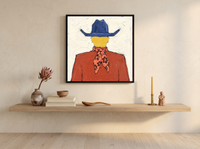 Cowboy from Behind Wall Art — Original Palette-Knife Oil, Cobalt & Rust — original hand-painted oil shown on the wall in a styled room