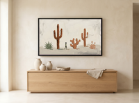 Desert Cacti Row Wide Wall Art — Original Palette-Knife Oil, Sage & Terracotta — original hand-painted oil shown on the wall in a styled room