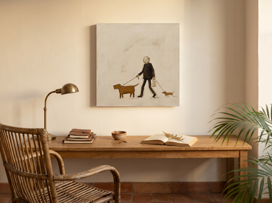 Dog Walker Wall Art — Original Palette-Knife Oil, Brown & Cream